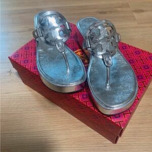 Tory Burch Metallic Silver Miller Wedge Sandals